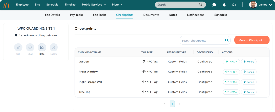 WFC Control - Site Checkpoints tab showing NFC tag checkpoints with geofencing configured